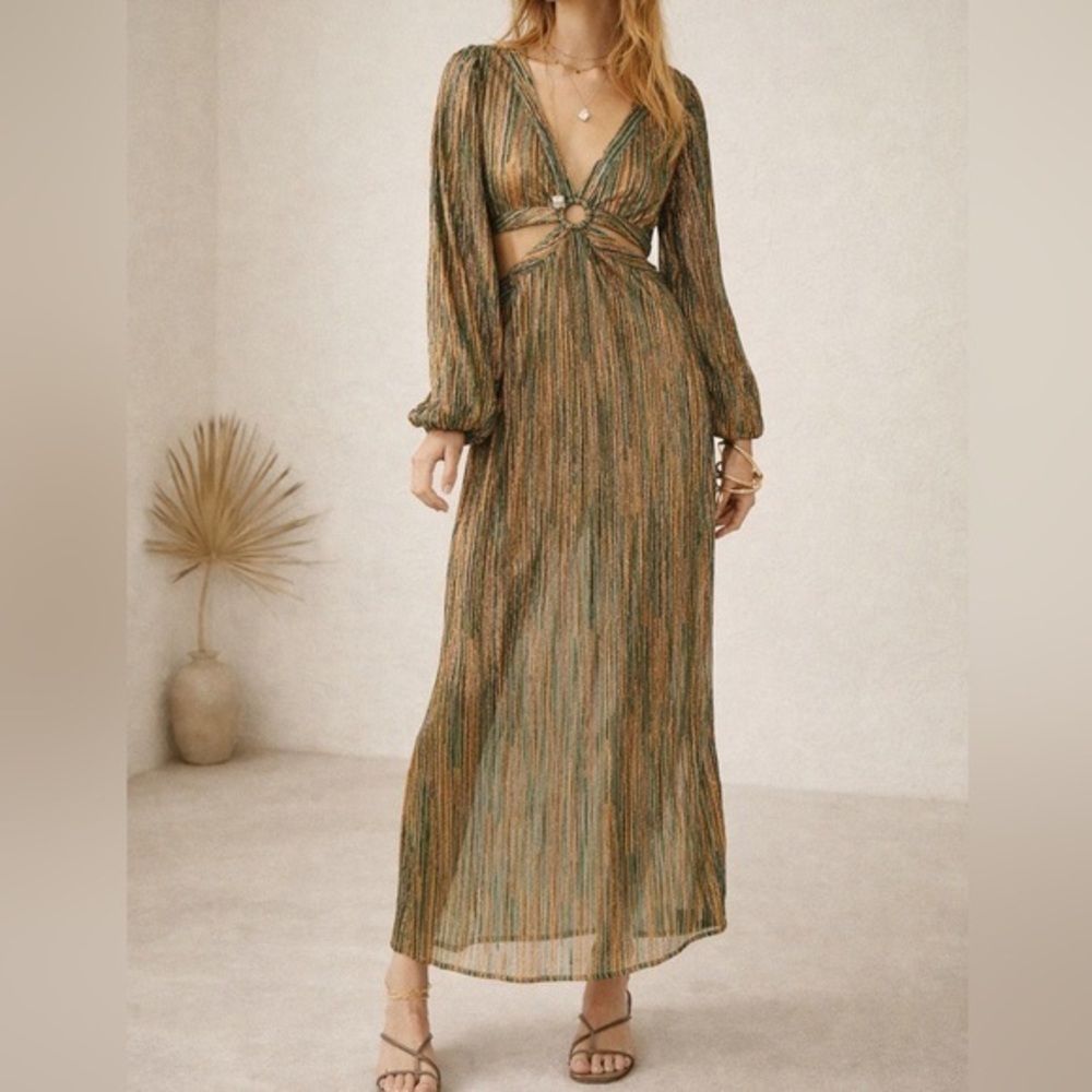 Suboo Ana Green Gold Metallic Cut Out Glam Evening Wedding Guest Maxi Dress